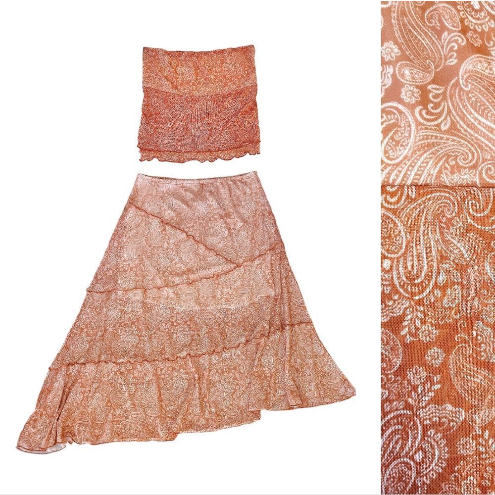 See You Monday Red Orange Paisley Two Piece Crop Top and Skirt Set Medium - Picture 4 of 13